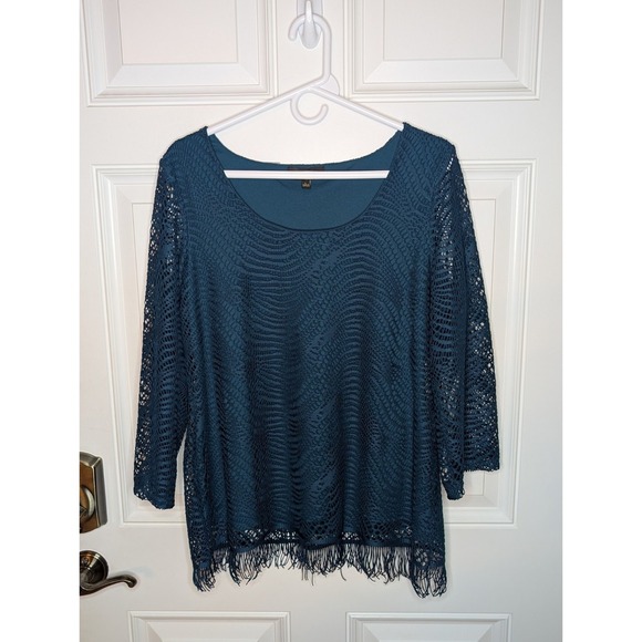 Melissa Paige Blouse 3/4 Sleeve Lined Fringe Dark Teal Women's Large EUC - Picture 2 of 7